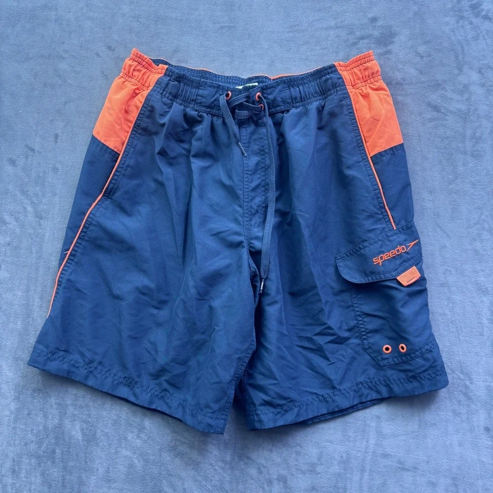 Speedo Mens Swim Trunks Navy Orange Colorblock Cargo Pocket Small